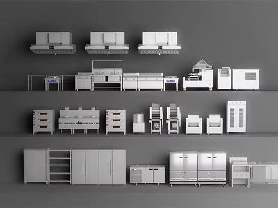 Collection of Modern Kitchen Appliances Including Cabinets Range Hoods Countertops and Refrigerators 3d model
