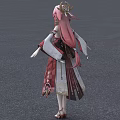 Game And Movie Character With Pink Hair Red And White Outfit Standing Modern Building Background