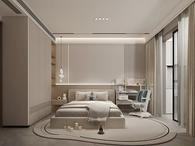 Modern Minimalist Kids Bedroom With Bed Bookshelf Chair And Round Rug 3d model