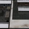 Snowy Winter Landscape with Snow Covered Houses and Courtyard Scenery