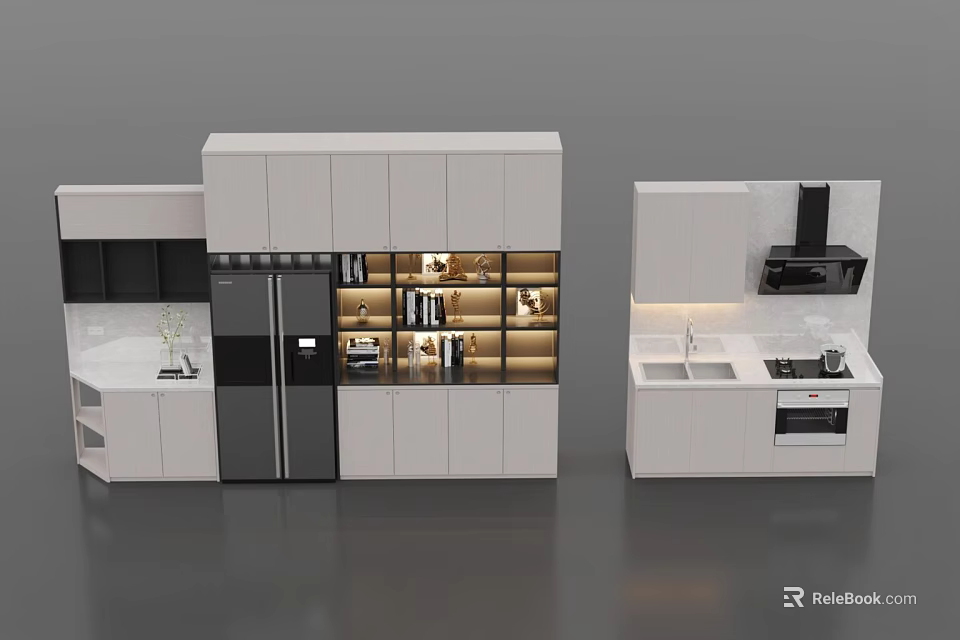 Modern Kitchen Interior With White Cabinets Black Accents Illuminated Display Shelves And Appliances 3d model 
