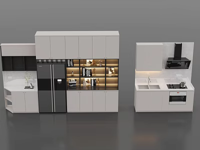 Modern Kitchen Interior With White Cabinets Black Accents Illuminated Display Shelves And Appliances 3d model