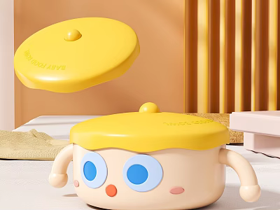 Cute Cartoon Baby Food Pot With Yellow Lid Beige Body And Adorable Eyes Arms 3d model