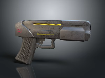 Futuristic Metallic Weapon Phaser With Yellow Warning Stripes And Red Logo 3d model