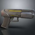 Futuristic Metallic Weapon Phaser With Yellow Warning Stripes And Red Logo