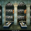 Cultural Center Interior With Arched Structure Stone Columns Bookshelves And Reading Tables Full Of Books