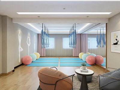 Modern Fitness Studio Interior With Yoga Hammocks Exercise Balls And Blue Mats 3d model