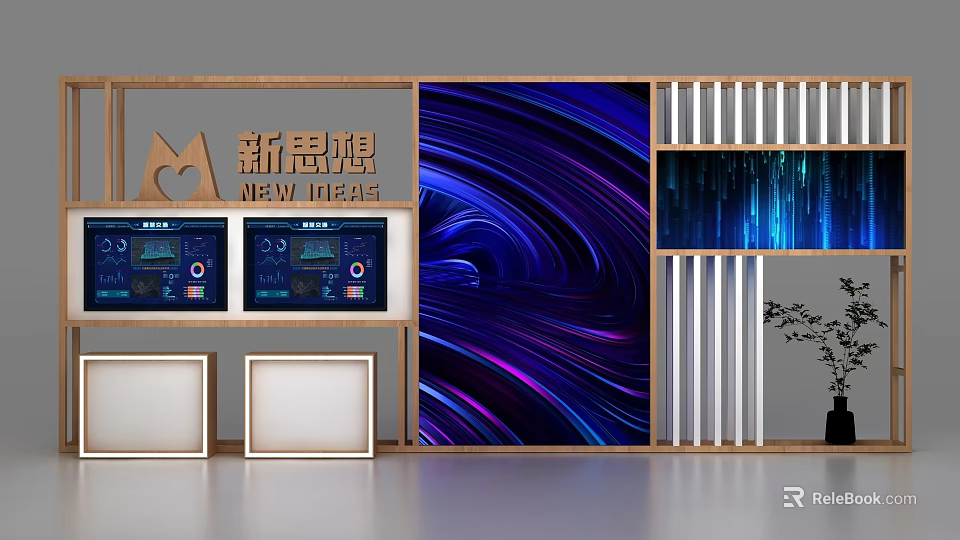 Modern Wooden Display Shelves With Digital Screens And Vibrant Blue Purple Background 3d model 