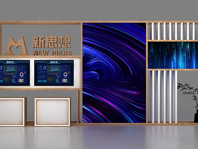 Modern Wooden Display Shelves With Digital Screens And Vibrant Blue Purple Background 3d model