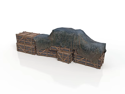 Stacked Wooden Crates Covered With Black Tarpaulin For Storage Setup 3d model