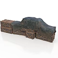 Stacked Wooden Crates Covered With Black Tarpaulin For Storage Setup