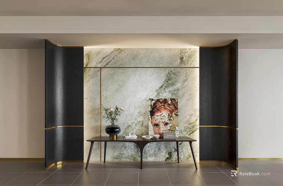 Modern Entryway Console Table And Side Cabinet With Marble Wall Artwork And Decorative Vase 3d model 