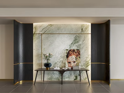 Modern Entryway Console Table And Side Cabinet With Marble Wall Artwork And Decorative Vase 3d model