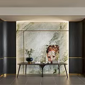 Modern Entryway Console Table And Side Cabinet With Marble Wall Artwork And Decorative Vase