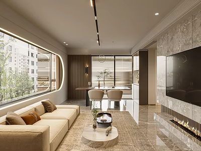 Modern Living and Dining Room Interior With Beige Sofa Coffee Table Dining Table And TV Wall 3d model