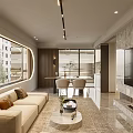 Modern Living and Dining Room Interior With Beige Sofa Coffee Table Dining Table And TV Wall