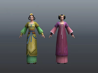 Two Game Film Characters In Ancient Costumes With Green And Purple Dresses And Hair Ornaments 3d model