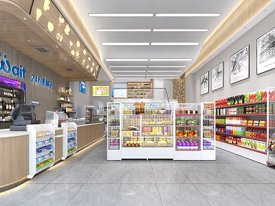 24 Hour Supermarket Interior With Shelves Daily Supplies Display Cases And Cashier Counter 3d model
