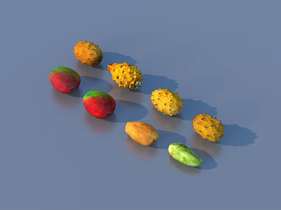 Tropical Fruits Mangoes Kiwano Melons with Vibrant Colors Various Shapes Scattered on Gray Background 3d model