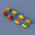 Tropical Fruits Mangoes Kiwano Melons with Vibrant Colors Various Shapes Scattered on Gray Background