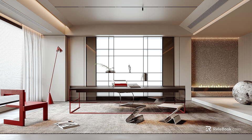 Modern Study Room Interior With Large Window Wooden Desk Floor Lamp And Area Rug 3d model 