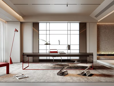 Modern Study Room Interior With Large Window Wooden Desk Floor Lamp And Area Rug 3d model