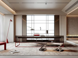 Study Fireplace Low Stool Bookshelf Single Chair Desk Carpet Decoration Floor Lamp 3d model
