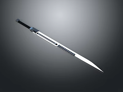 Traditional Japanese Sword with Black Handle and Silver Engraved Blade on Dark Background 3d model