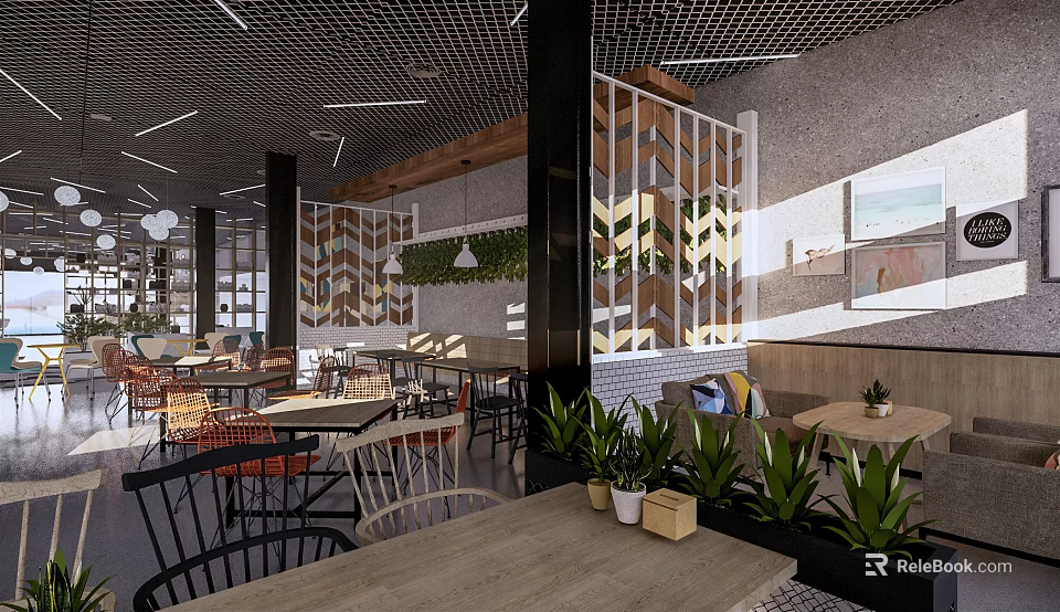 Modern Restaurant Interior Design Featuring Wooden Tables Green Plants And Decorative Partition 3d model 