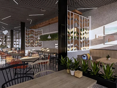Modern Restaurant Interior Design Featuring Wooden Tables Green Plants And Decorative Partition 3d model