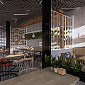 Modern Restaurant Interior Design Featuring Wooden Tables Green Plants And Decorative Partition
