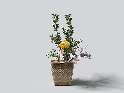 Potted Plant in Wicker Basket with Green Leaves Yellow Flowers and Pink Purple Blooms 3d model