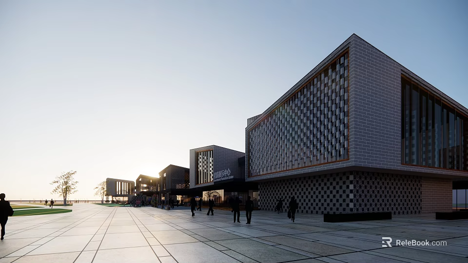 Bustling Modern Commercial Street with Contemporary Architecture and Pedestrians in Sunlit Plaza 3d model 