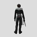 Man Wearing Black Outfit With White Fur Collar Holding Long Sword Standing Pose