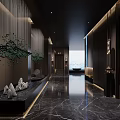 Elegant Modern Hotel Corridor With Marble Floor Lighting Design And Decorative Greenery Elements 3d model