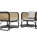 Modern Accent Chair With Rattan Weave Black Metal Frame And Light Gray Cushion