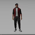 Man In Red Black Jacket White T Shirt Black Pants White Sneakers On Grey Background
