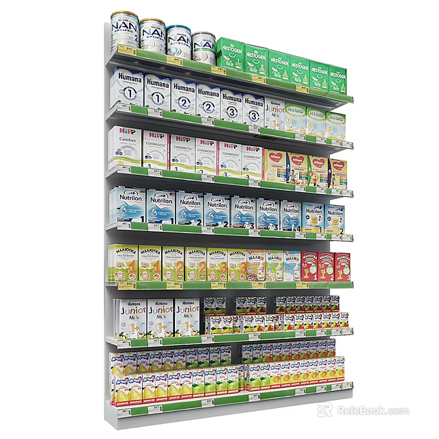 Organized Retail Display Shelf with Multiple Layers and Assorted Packaged Products 3d model 