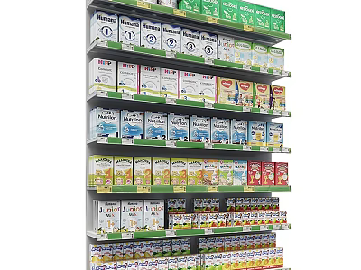Organized Retail Display Shelf with Multiple Layers and Assorted Packaged Products 3d model