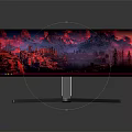 Modern Curved Monitor Displaying Vibrant Red Purple Mountain Landscape With Sleek Stand