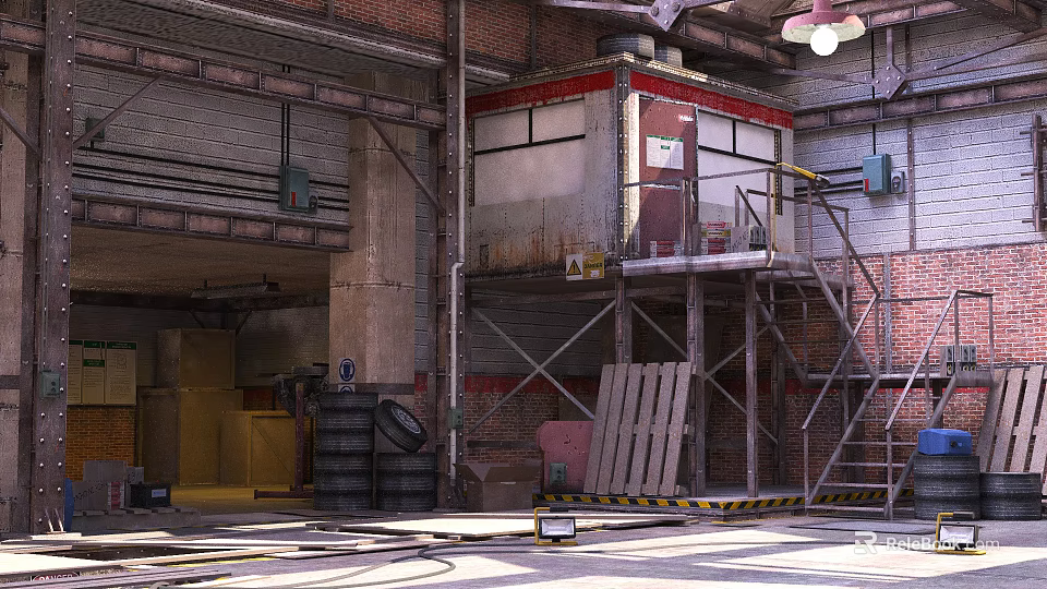 Industrial Parking Lot With Brick Walls Metal Stairs Barrels And Wooden Planks 3d model 