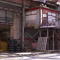 Industrial Parking Lot With Brick Walls Metal Stairs Barrels And Wooden Planks
