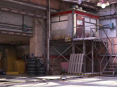 Industrial Parking Lot With Brick Walls Metal Stairs Barrels And Wooden Planks 3d model