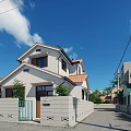 Detached Villa With White Exterior Brown Roof Paved Road And Trees Under Blue Sky