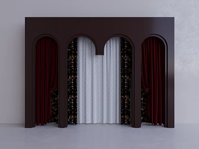 Elegant Red And White Curtains With Dark Brown Arched Frame And Ornate Details 3d model