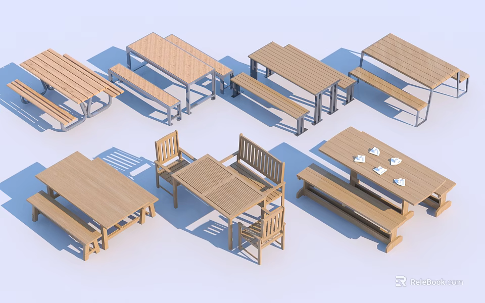 Wooden Dining Table Sets With Benches And Chairs In Various Styles 3d model