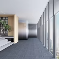 Modern Front Desk Reception Area With Stepped Design Bookshelves Green Plant and Wooden Wall
