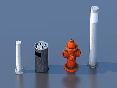 Various Urban Facilities Including Orange Fire Hydrant Black Trash Can And White Pillars 3d model