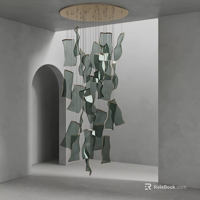 Modern Chandelier With Irregular Dark Green Glass Pieces Hanging In Minimalist Room 3d model 