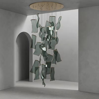 Modern Chandelier With Irregular Dark Green Glass Pieces Hanging In Minimalist Room 3d model